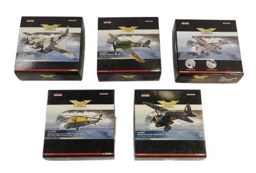 Five Corgi Aviation Archive 1:72 scale diecast aeroplanes, to include a Mosquito, Hawker Typhoon,...