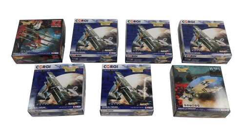 Seven Corgi Aviation Archive diecast aeroplanes, 1:48 scale, to include five Fokker DR.I...