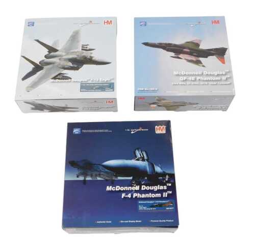 Three Hobby Master 1:72 scale Air Power Series diecast aeroplanes, McDonnell Douglas F-15 Eagle,...