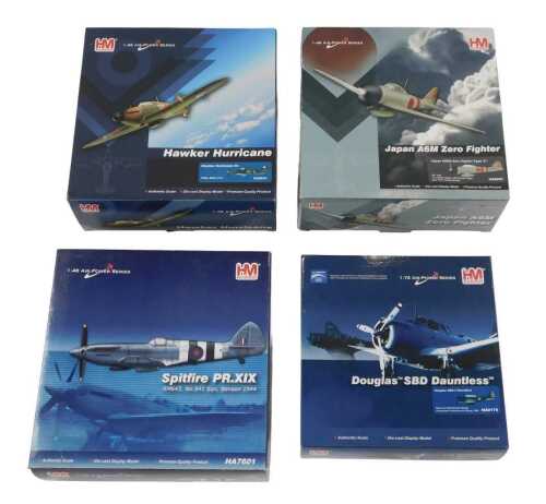 Three Hobby Master 1:48 scale diecast aeroplanes, a Spitfire PR.XIX, a Hawker Hurricane, and a...