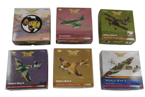 Six Corgi Aviation Archive 1:72 scale diecast aeroplanes, to include a Luftwaffe Red 13...