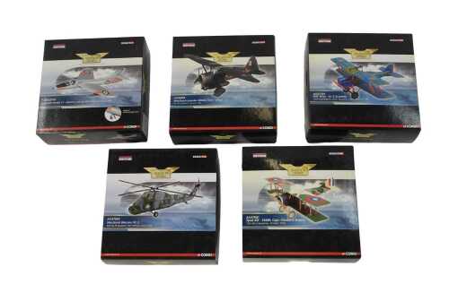 Five Corgi Aviation Archive 1:72 scale limited edition aeroplanes, to include a Hawker Hunter...