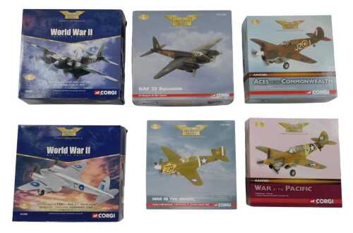 Six Corgi Aviation Archive 1:72 scale diecast aeroplanes, to include War in the Pacific War Hawk...