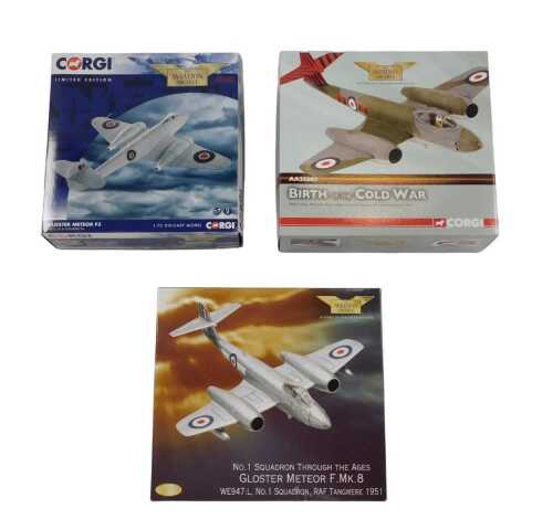 Three Corgi Aviation Archive 1:72 scale diecast aeroplanes, to include a Gloster Meteor F3, a...