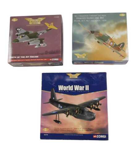 Three Corgi Aviation Archive 1:72 scale diecast aeroplanes, Birth of Jet Engine Gloster Meteor...