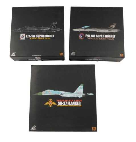 Three JC Wings 1:72 scale diecast aeroplanes, a US Navy Super Hornet (Black Aces), a US Navy...