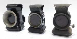 Three carbide lamps, including a Lucas Werna rear bicycle lamp, and two military battery torches.... - 2