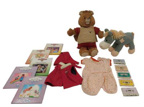 A Teddy Ruxpin bear, with five books, some further clothing, and a Pleasant Dreams toy horse.