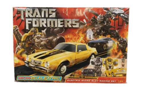 A Micro Scale Scalextric Transformers electric micro slot car racing set, 1:64 scale, boxed.