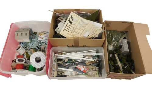 Model railway accessories, some wire, partially made buildings, trees, etc. (4 boxes)