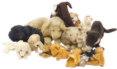 Various bears and other soft toy animals, including Sooty and Sweep puppets, a lion, etc. (1 box)