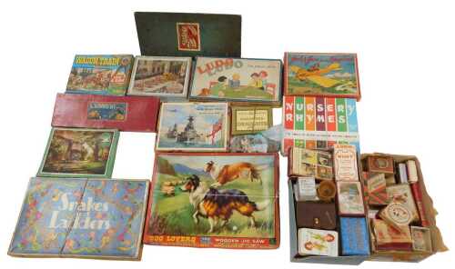Games and puzzles, to include Victory Coronation jigsaw puzzle, Tower Press Wagon Train jigsaw...