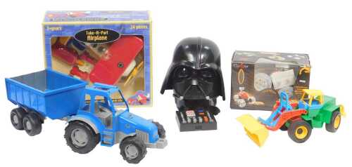 Toys, including a Lunar RC Stunt Car, a Battat Take-Apart Aeroplane with battery-powered drill...