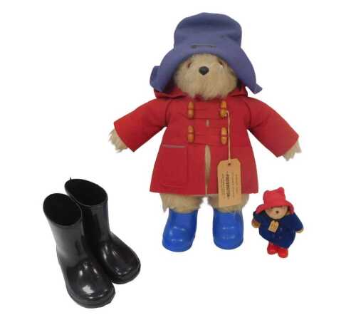 A Gabriel Designs Paddington Bear, wearing blue Wellington boots, a miniature Teddy Bear, and a...