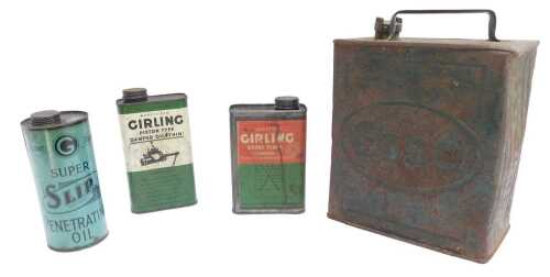 Various lubricant and petroleum cans, including Wakefield Girling piston type damper oil thin,...