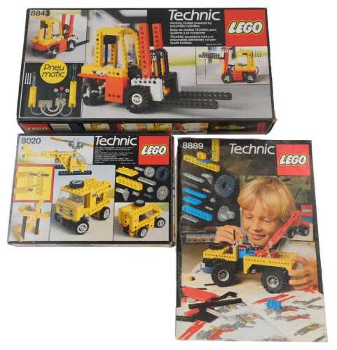 LEGO Technic sets, 8843 pneumatic forklift, and 8020 universal set, and a LEGO 8889 instruction...