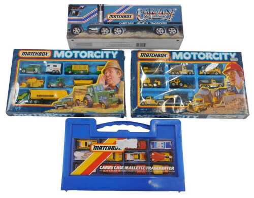 Matchbox Motor City MC8 instruction set, a Matchbox MC7 farmyard set, a Matchbox carrying case...