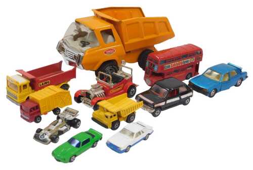 Diecast vehicles, including a Tonka pressed steel dumper truck, a Dinky Toys Routemaster bus, a...