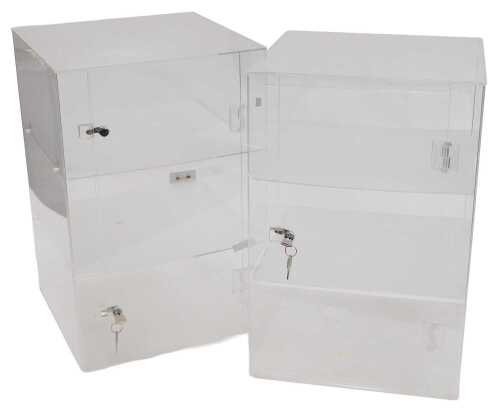 A pair of lockable perpex collectors cabinets, with three shelves.
