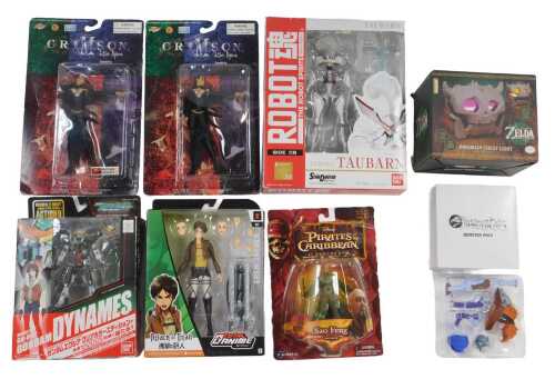 Various action figures, to include Crimson Action Figures, Attack on Titan Eren Jaeger, Gundam...