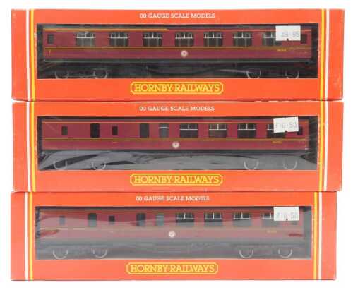 Hornby Railways OO gauge coaches, comprising R429 BR (ex LMS) composite coach, and two R447 BR...