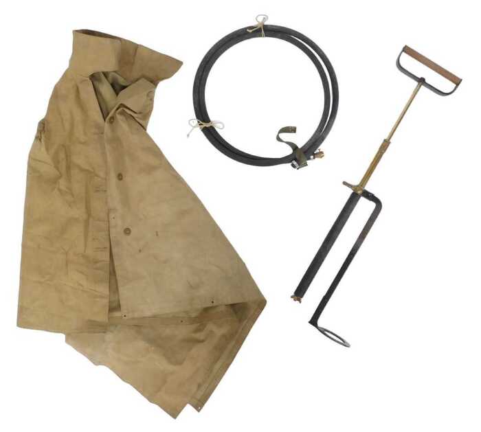 A waxed smock and a stirrup pump.