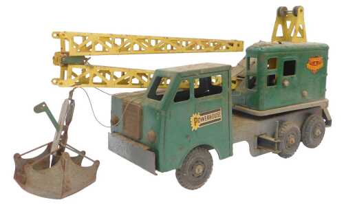 A pressed steel Powerhouse crane truck by Marx Toys.
