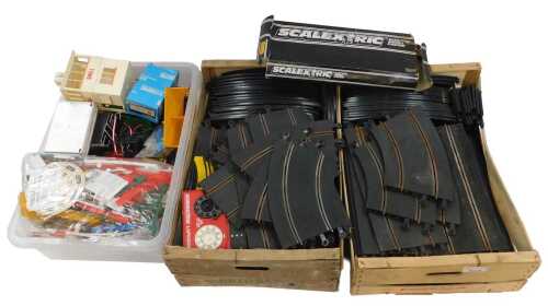 Scalextric track and accessories, including 111 high hump bridge, C265 standard hand throttle,...
