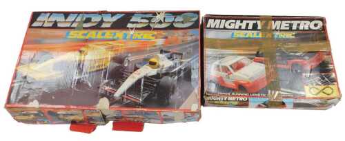 Scalextric track and accessories, including power base, controllers, transformer, etc., in...
