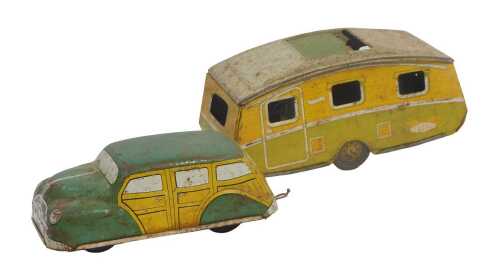 A Mettoy tinplate friction-drive Morris Minor Traveller, and a tinplate Cosicot Caravan. (2)
