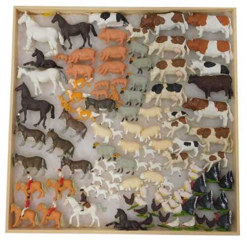 Britains farm animals, to include donkeys, horses, pigs, sheep, cows, turkeys, etc. (1 box)
