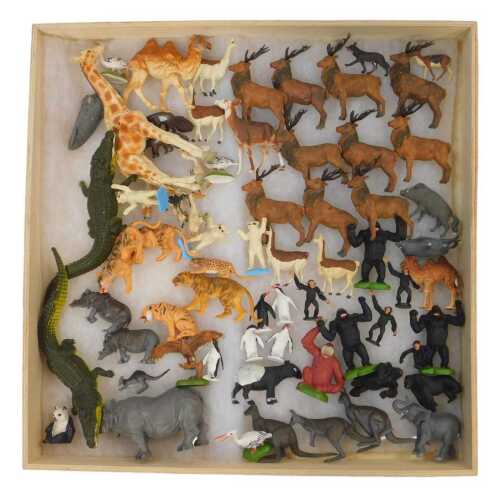 Britains animals, to include two crocodiles with articulated jaws stamped 1972, giraffe, tigers,...