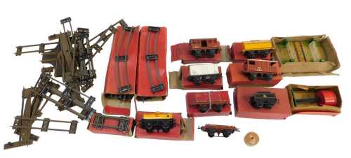 Hornby O gauge tinplate model railway, to include cattle truck, other trucks, some track,...
