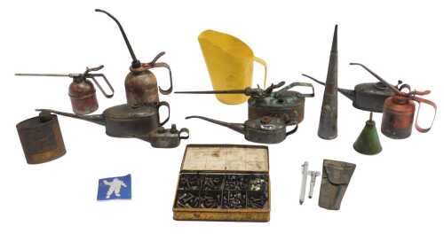 Various oil cans, including plastic Shell one quart oil cup, a Lister oil can, Kay's Lubricating...