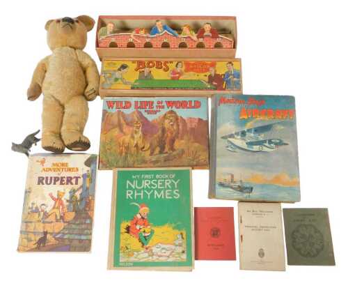 A Glevum Games "Bobs" Bridge Game, possibly incomplete, a plush Teddy bear, etc.