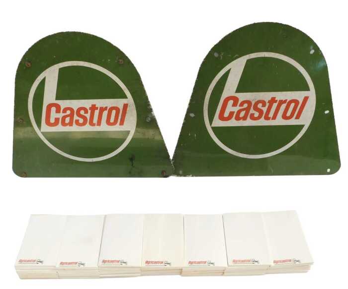 Two Castrol enamelled signs, possibly from an oil tin forecourt rack, and a box of Agri Castrol...