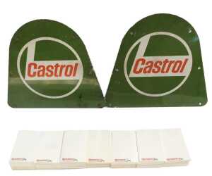 Two Castrol enamelled signs, possibly from an oil tin forecourt rack, and a box of Agri Castrol...