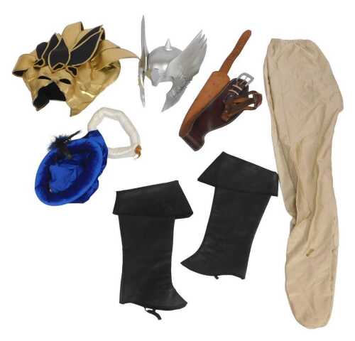 Various cosplay-related items, including a Marvel Thor's helmet, a Harlequin's mask, various...