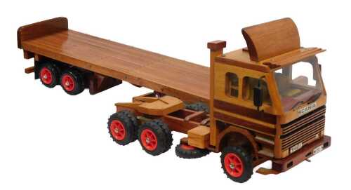 V - A handmade Scania 142E eight valve wooden truck and flatbed trailer, made from plans from...