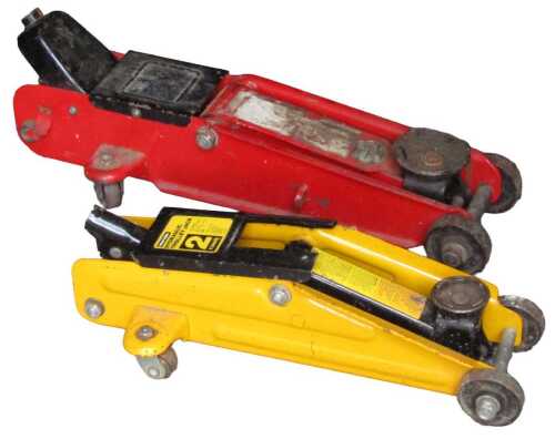 A Halfords two tonne hydraulic trolley jack, and another. (2)