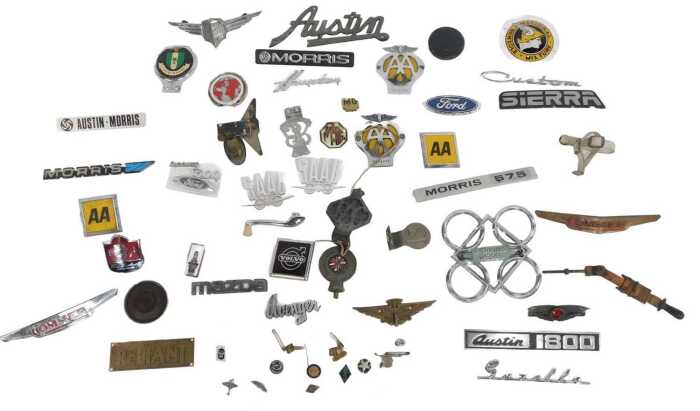 Various motoring related badges, including AA badges, RAC badges, Austin badge, Perkins Diesel...