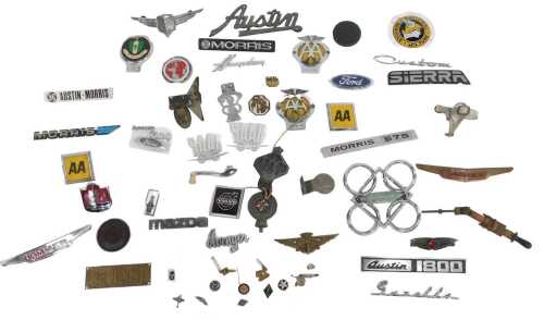Various motoring related badges, including AA badges, RAC badges, Austin badge, Perkins Diesel...