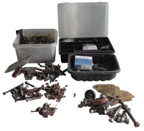 Various car parts, including a header for an MG V8, various bolts, mirrors, etc. (a quantity)