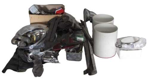 Various car parts, including Daimler hub cap, handbrake assembly, Lucas voltage regulator, etc....