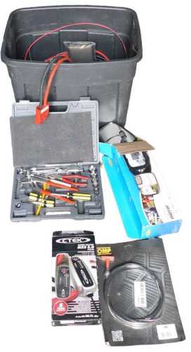 Various workshop equipment, including a CTEK MXS 5.0 battery charger, a pair of jump leads, OMP...