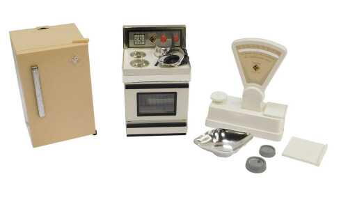 A Casdon battery operated cooker, a Casdon battery operated fridge, and a Casdon Super scale,...