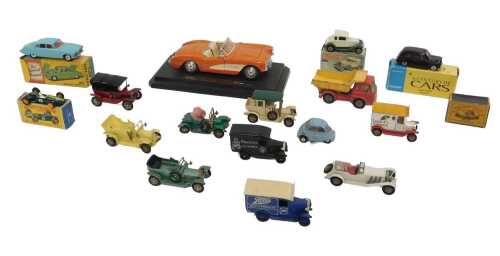 A Burago Chevrolet Corvette 1957, unboxed, a Matchbox New 73 Ford Model A, boxed, a Corgi Toys...