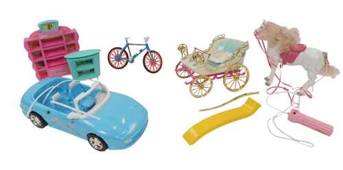 Mattel Barbie toys and accessories, including a Barbie Cabriolet, bike, horse and carriage, etc....