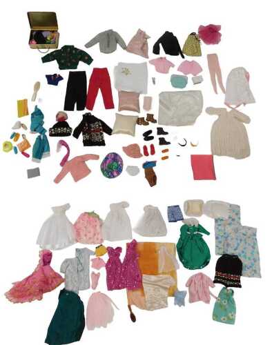 Barbie clothing and accessories, including dresses, knitted items, etc. (1 box)