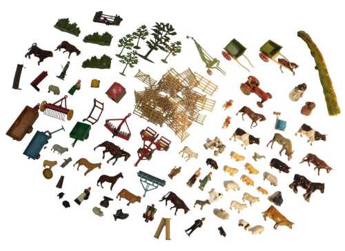 Britains farming figures, including cows, sheep, fences, horse and cart, etc. (2 boxes)